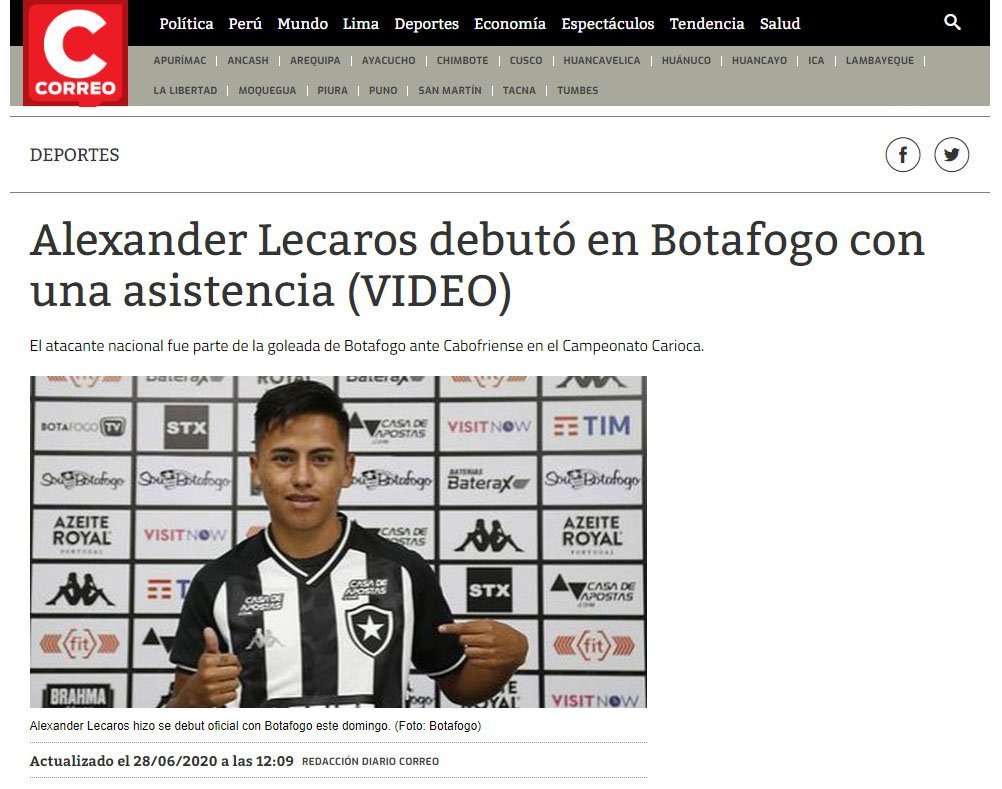 O "Diário Correo" postou o vídeo do lance e escreveu: "Alexander Lecaros estreia no Botafogo com assistência"