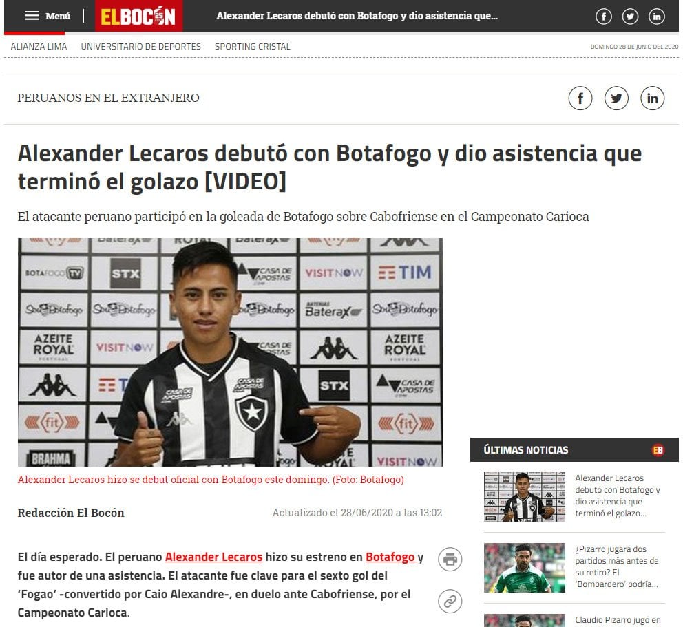 O "El Bocón" destacou: "Alexander Lecaros estreia no Botafogo e dá assistência que terminou em golaço"