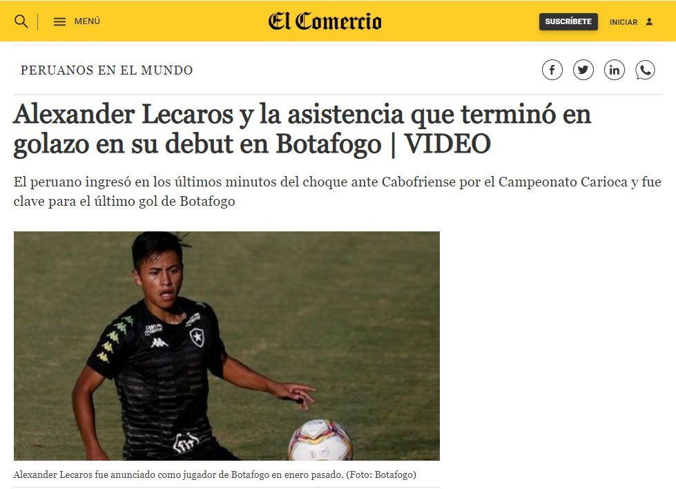 "Alexander Lecaros e a assistência que terminou em golaço em sua estreia pelo Botafogo", escreveu o "El Comercio"