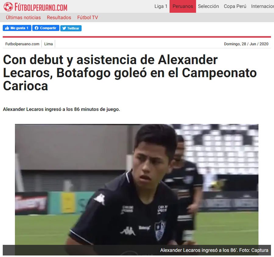 O site "Fútbol Peruano" escreveu: "Com estreia e assistência de Alexander Lecaros, Botafogo goleia no Campeonato Carioca"