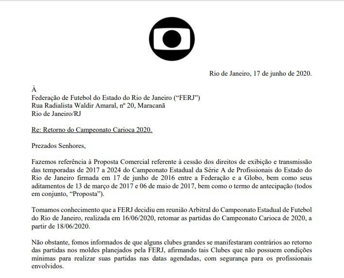 Carta da Globo para Ferj sobre o reinício do Campeonato Carioca