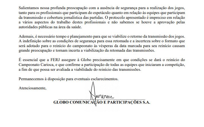 Carta da Globo para Ferj sobre o reinício do Campeonato Carioca