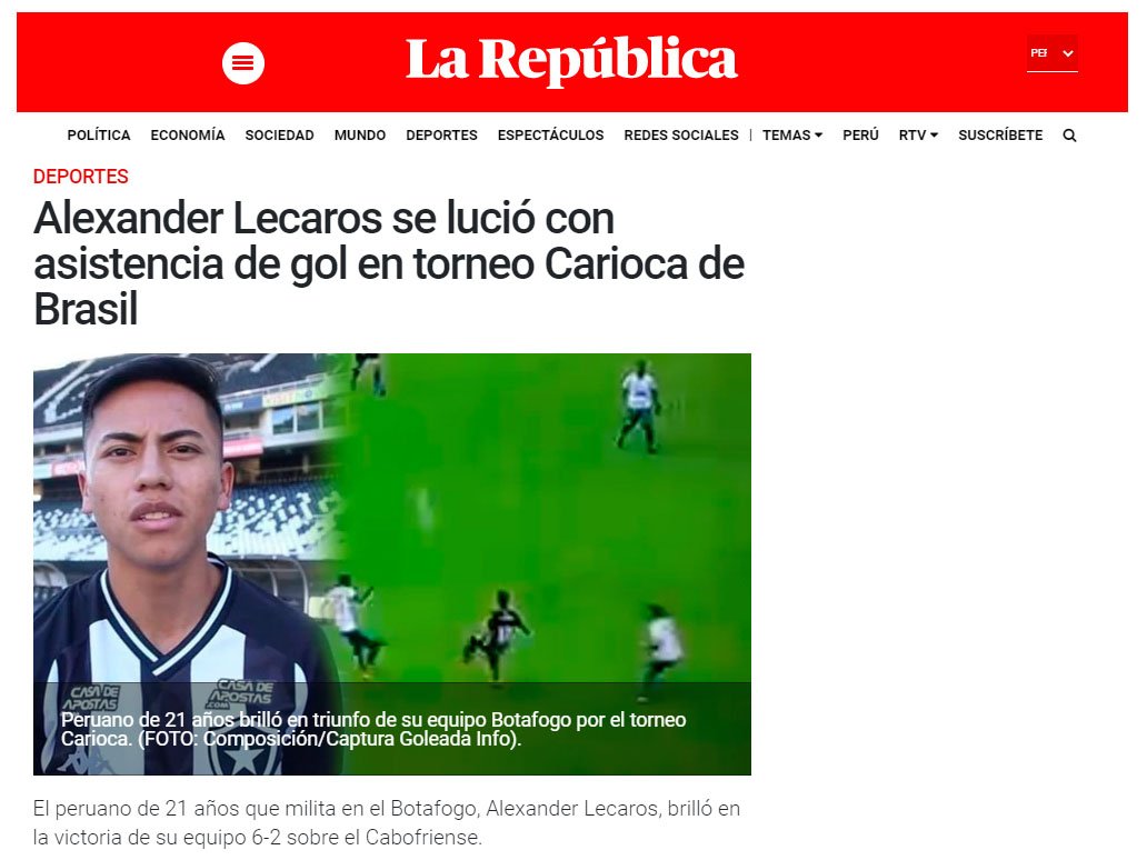 "Alexander Lecaros brilha com assistência no Campeonato Carioca no Brasil" foi o título do jornal "La República"