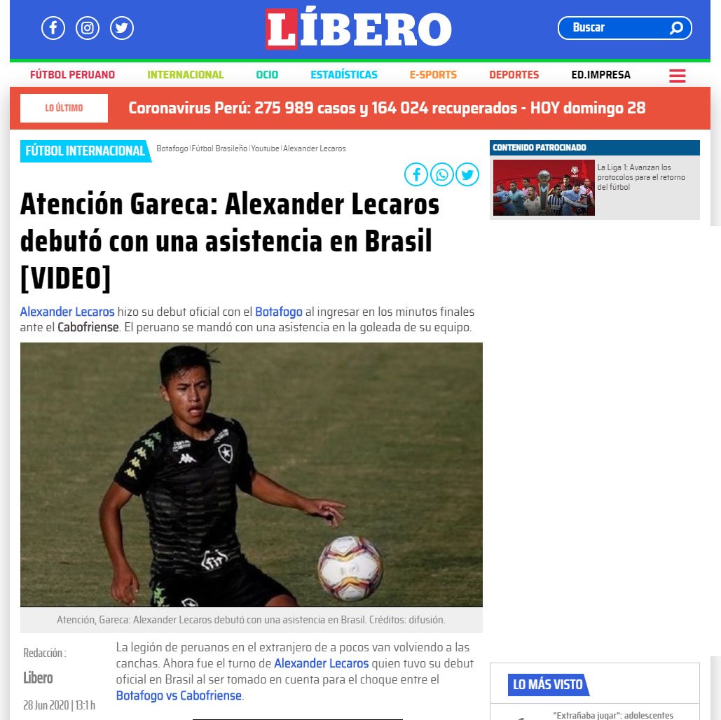 "Atenção, Gareca: Alexander Lecaros estreia com assistência no Brasil", manchetou o "Líbero"