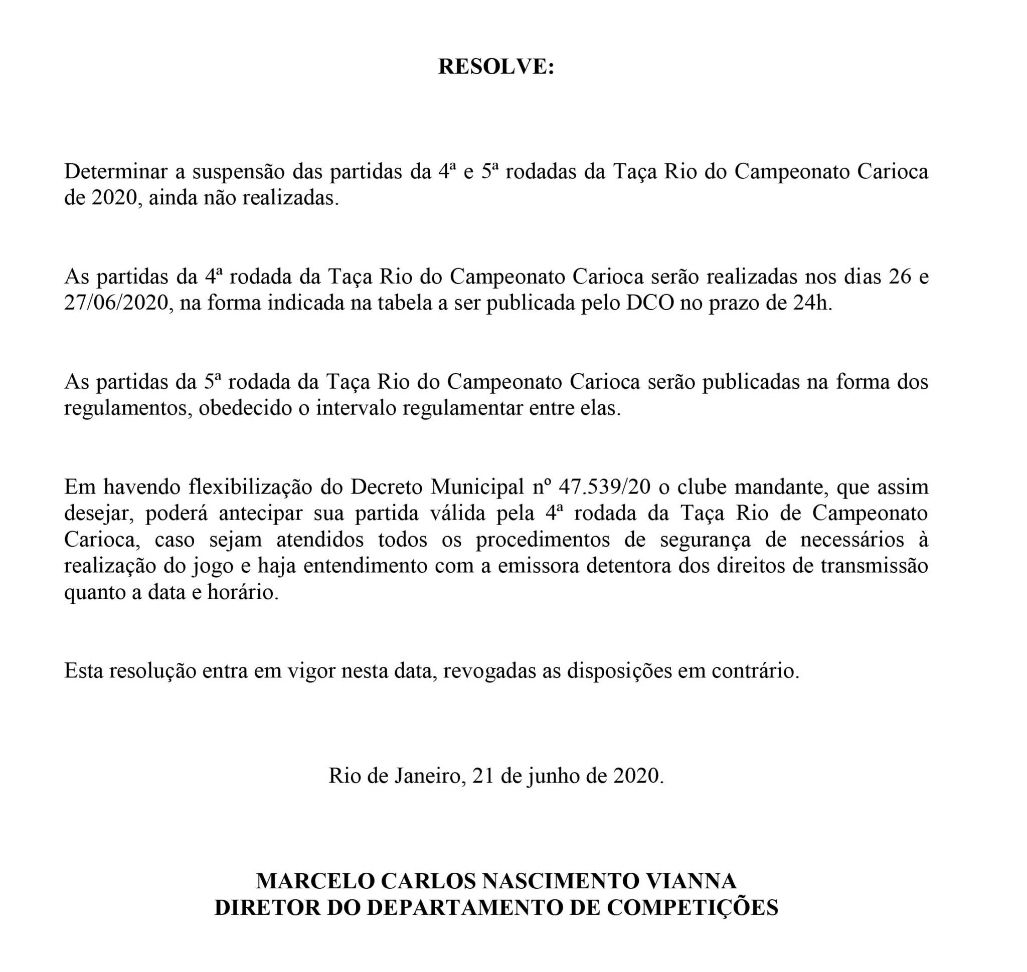 Resolução da Ferj suspende jogos da Taça Rio do Campeonato Carioca após decreto de Marcelo Crivella