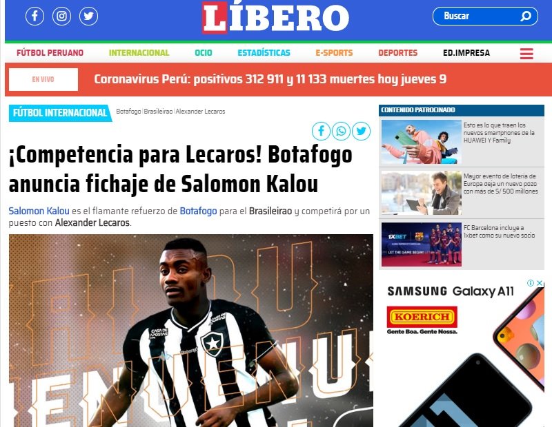 Kalou no Botafogo: repercussão mundial com as manchetes da contratação