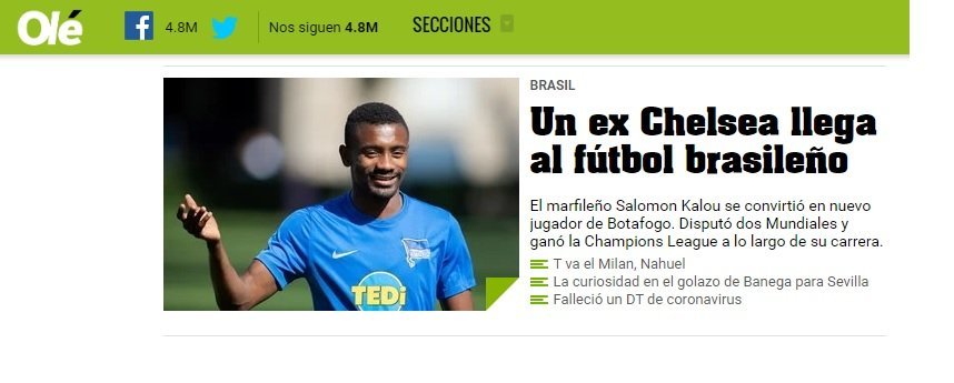Kalou no Botafogo: repercussão mundial com as manchetes da contratação
