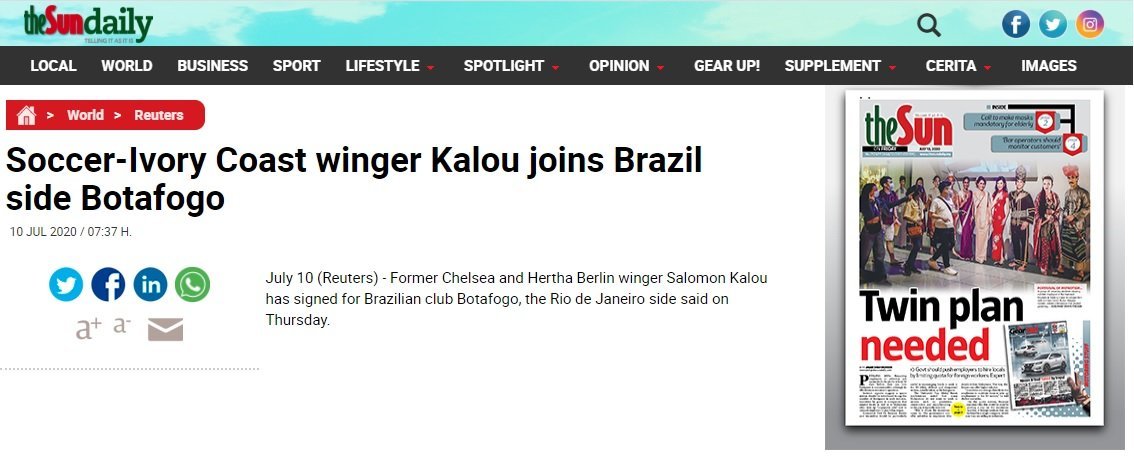 Kalou no Botafogo: repercussão mundial com as manchetes da contratação