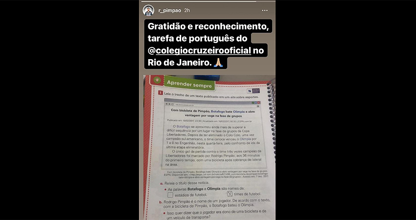 Gol de bicicleta de Rodrigo Pimpão pelo Botafogo na Libertadores de 2017 vira exercício de português no Colégio Cruzeiro