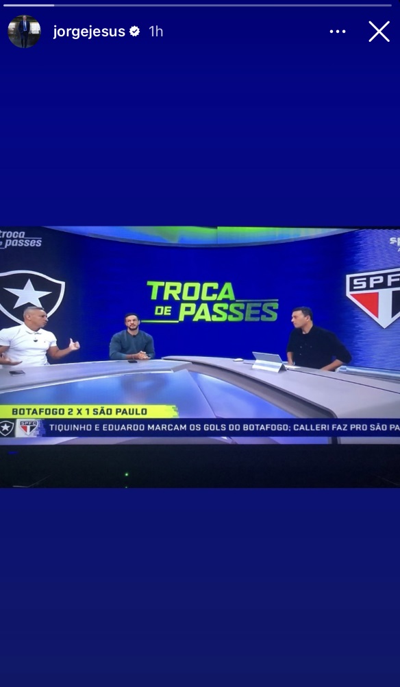 Jorge Jesus posta story de Botafogo 2 x 1 São Paulo