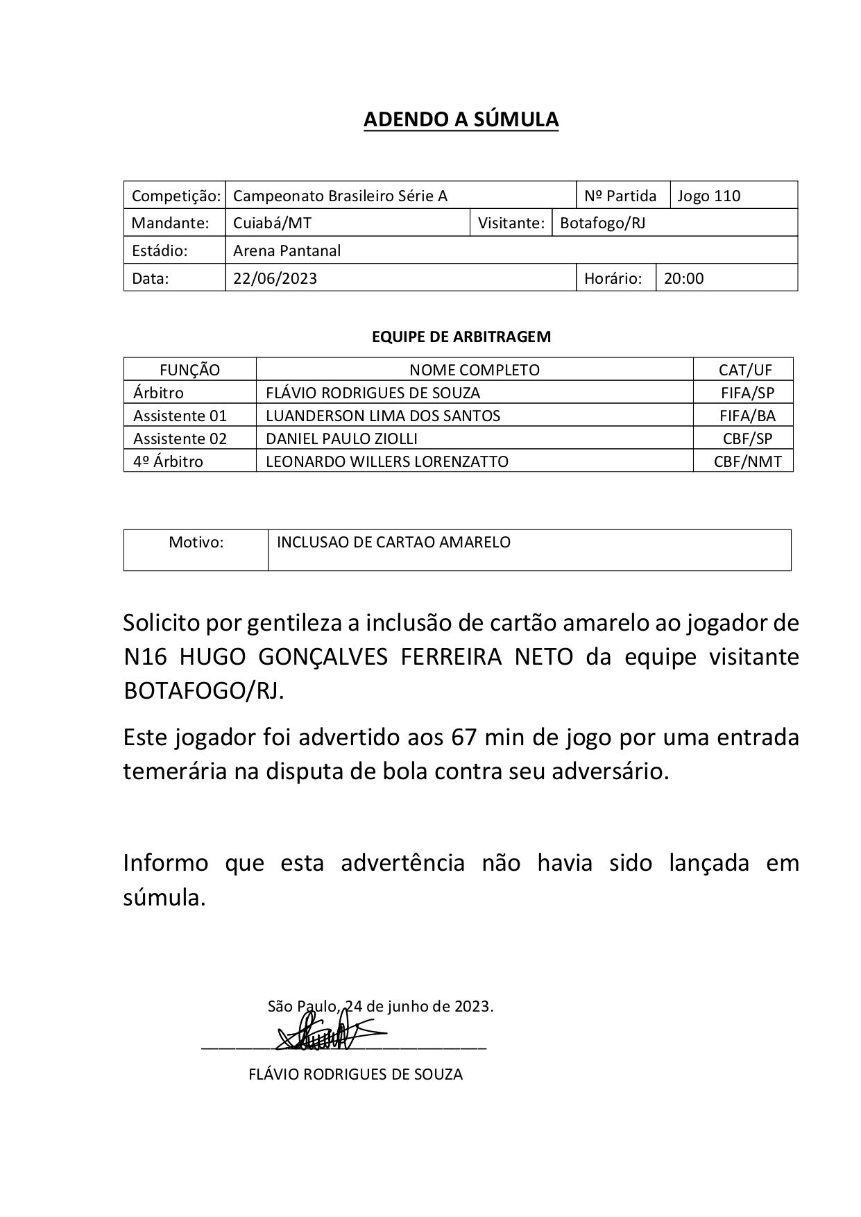 Cuiabá x Botafogo adendo à súmula