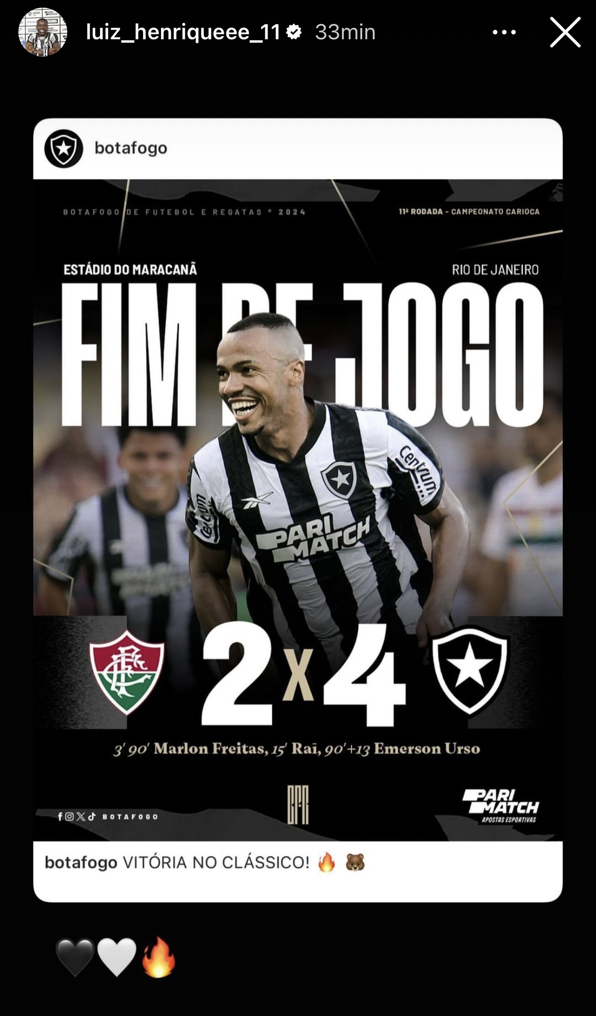 Story de Luiz Henrique no Maracanã após Fluminense 2 x 4 Botafogo