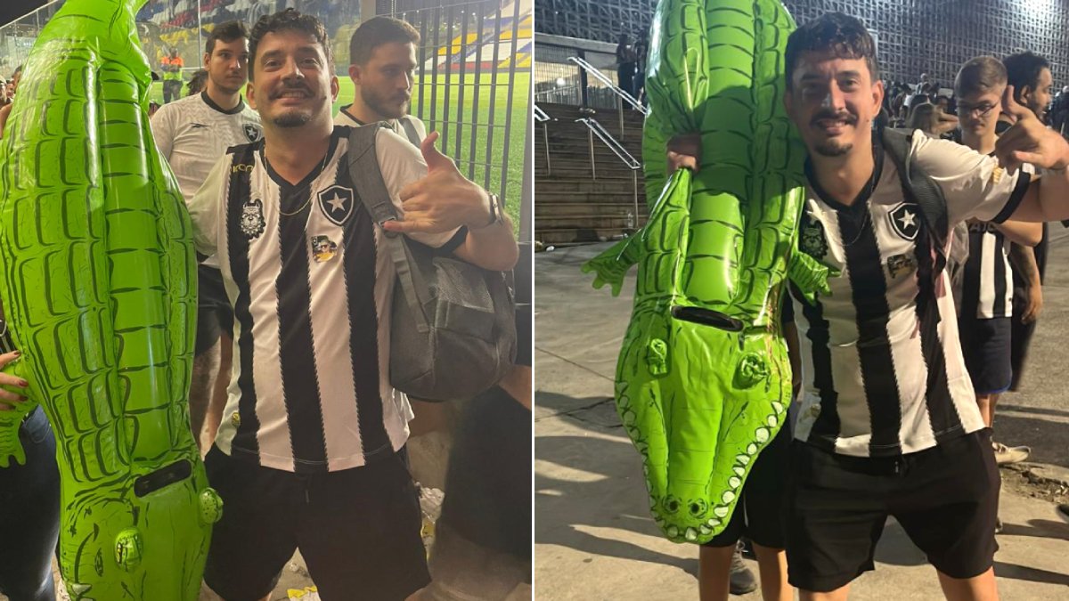 Torcedor Cássio Bueno com jacaré inflável em Grêmio x Botafogo | Campeonato Brasileiro 2024