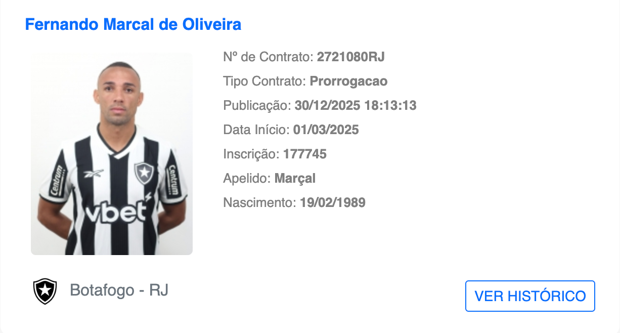 Renovação de Marçal com o Botafogo até o fim de 2026 publicado no BID da CBF